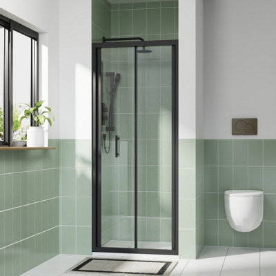 Rinse bathrooms Rinse 700mm Bi-Fold Door Black Profile With 900X700mm White Shower Tray&waste from B&Q