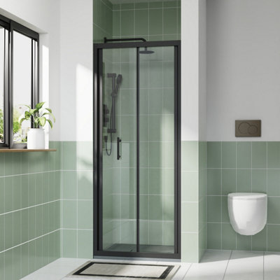Rinse bathrooms Rinse 700mm Bi-Fold Door Black Profile With 900X700mm Anthracite Shower Tray&waste from B&Q