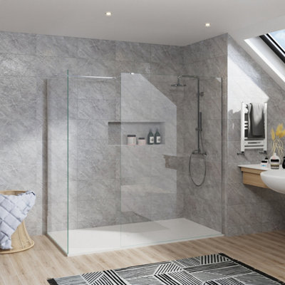 B&Q -  Rinse Chrome Walkin Shower Enclosure 1100mm Front 1000mm End Panel Safety Glass Wetroom Screen-White 1700X1000 Shower Tray Waste