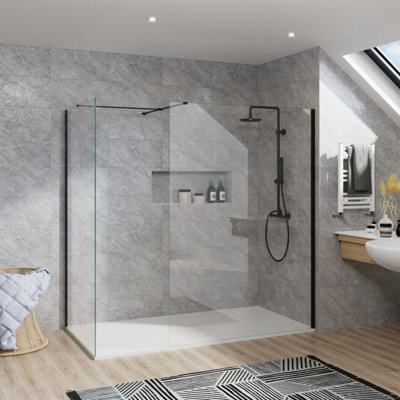 B&Q -  Rinse Black Walkin Shower Enclosure 1000mm Front 900mm End Panel Safety Glass Wetroom Screen-White 1500X900 Shower Tray Waste