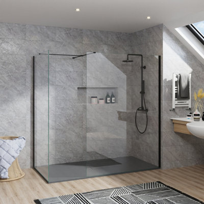 B&Q -  Rinse Black Walkin Shower Enclosure 1000mm Front 900mm End Panel Safety Glass Wetroom Screen-Anthracite 1500X900 Shower Tray Waste