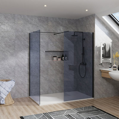 Rinse bathrooms Rinse Walkin Shower Enclosure 900mm Front 900mm End Panel Grey Glass Wetroom Screen-White 1500X900 Shower Tray Waste from B&Q