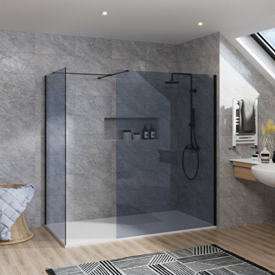 B&Q -  Rinse Walkin Shower Enclosure 1000mm Front 900mm End Panel Grey Glass Wetroom Screen-White 1500X900 Shower Tray Waste