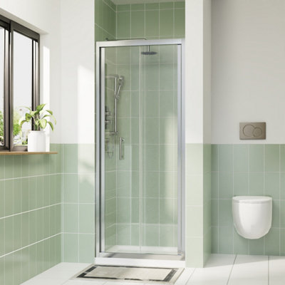 Rinse bathrooms Rinse 800mm Bifold Shower Door 6mm Clean Glass Shower Enclosure Reversible Folding Shower Cubicle Door Polished Chrome Frame from B&Q