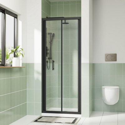 Rinse bathrooms Rinse 800mm Bifold Shower Door 6mm Clean Glass Shower Enclosure Reversible Folding Shower Cubicle Door Matte Black Frame from B&Q
