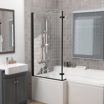 Rinse bathrooms Rinse 810X1400mm Square Bath Shower Screen Bifold 6mm Safety Glass Easy Clean Panel Frameless Pivot Screen Black from B&Q