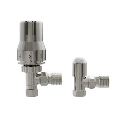 B&Q -  Angled Thermostatic Radiator Valve Trv + Lockshield 15mm Satin Nickel