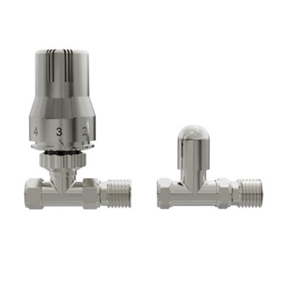B&Q -  Straight Thermostatic Radiator Valve Trv + Lockshield 15mm Satin Nickel