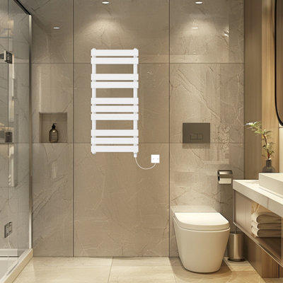 Rinse Bathrooms Electric Flat Panel Heated Towel Rail White Bathroom Ladder Radiator Warmer 1000X450mm 600W from B&Q