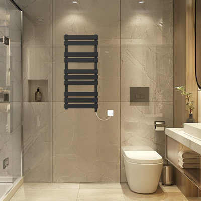 Rinse Bathrooms Electric Flat Panel Heated Towel Rail Black Bathroom Ladder Radiator Warmer 1000X450mm 600W from B&Q