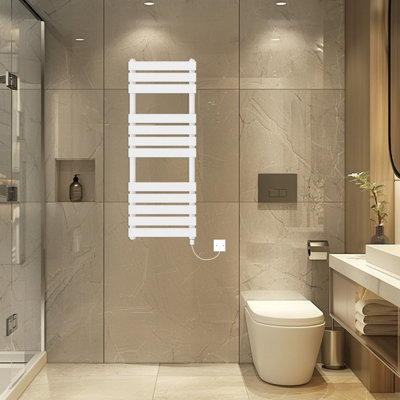 Rinse Bathrooms Electric Flat Panel Heated Towel Rail White Bathroom Ladder Radiator Warmer 1200X450mm 600W from B&Q