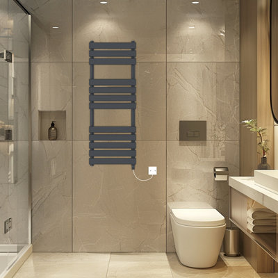 Rinse Bathrooms Electric Flat Panel Heated Towel Rail Sand Grey Bathroom Ladder Radiator Warmer 1200X450mm 600W from B&Q