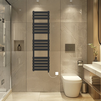 Rinse Bathrooms Electric Flat Panel Heated Towel Rail Black Bathroom Ladder Radiator Warmer 1600X450mm 800W from B&Q