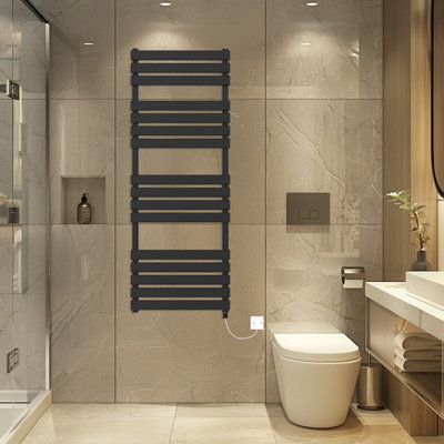 Rinse Bathrooms Electric Flat Panel Heated Towel Rail Black Bathroom Ladder Radiator Warmer 1600X600mm 800W from B&Q