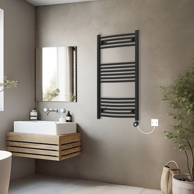 Rinse Bathrooms Curved Black Electric Thermostatic Bathroom Towel Radiator With Timer Prefilled1000X600mm 600W from B&Q