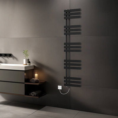 Rinse Bathrooms 1600X450mm Black Designer Bathroom Electric Heated Towel Rail Rad Ladder Radiator Kit 800W from B&Q