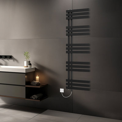Rinse Bathrooms 1600X600mm Black Designer Bathroom Electric Heated Towel Rail Rad Ladder Radiator Kit 800W from B&Q