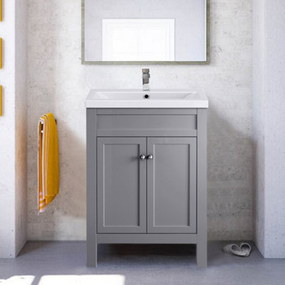 B&Q -  Traditional Bathroom Grey Vanity Sink Unit Cabinet Basin Floor Standing Storage Furniture 600mm