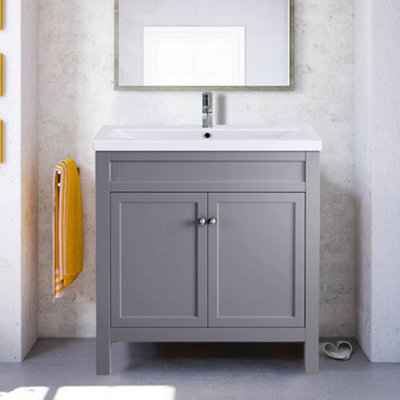 B&Q -  Traditional Bathroom Grey Vanity Sink Unit Cabinet Basin Floor Standing Storage Furniture 800mm