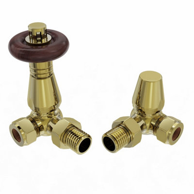 B&Q -  15mm Traditional Trv Thermostatic Corner Radiator Valve With Lockshield Valve Polished Brass