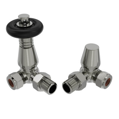 B&Q -  15mm Traditional Trv Thermostatic Corner Radiator Valve With Lockshield Valve Satin Nickel
