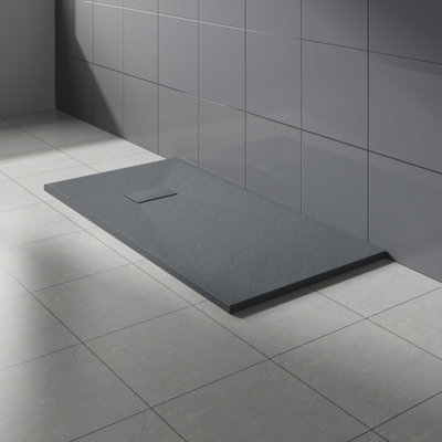 Rinse Bathrooms Anthracite Rectangular Shower Tray Slate Effect Smc Slip-Resistant Shower Base 1400X700mm With Waste