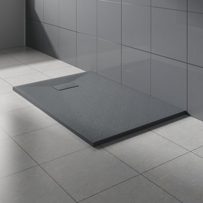 Rinse Bathrooms Anthracite Rectangular Shower Tray Slate Effect Smc Slip-Resistant Shower Base 1100X800mm With Waste from B&Q