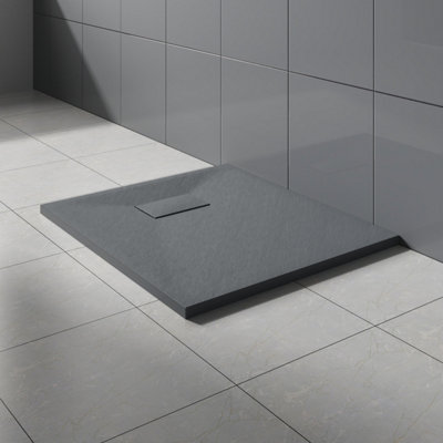 Rinse Bathrooms Anthracite Rectangular Shower Tray Slate Effect Smc Slip-Resistant Shower Base 800X700mm With Waste from B&Q