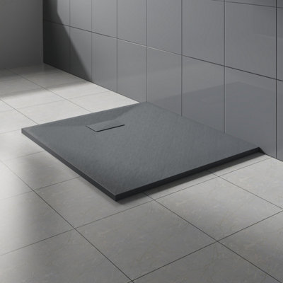 Rinse Bathrooms Anthracite Rectangular Shower Tray Slate Effect Smc Slip-Resistant Shower Base 1000X900mm With Waste from B&Q
