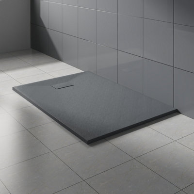 Rinse Bathrooms Anthracite Rectangular Shower Tray Slate Effect Smc Slip-Resistant Shower Base 1300X900mm With Waste