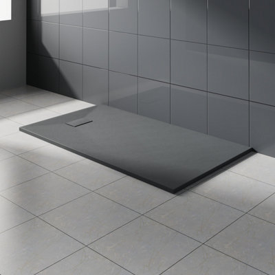 Rinse Bathrooms Anthracite Rectangular Shower Tray Slate Effect Smc Slip-Resistant Shower Base 1500X900mm With Waste from B&Q