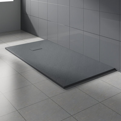 Rinse Bathrooms Anthracite Rectangular Shower Tray Slate Effect Smc Slip-Resistant Shower Base 1700X900mm With Waste from B&Q