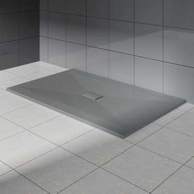 Rinse Bathrooms Anthracite Rectangular Shower Tray Slate Effect Smc Slip-Resistant Shower Base 1600X1000mm With Waste from B&Q