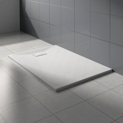 Rinse Bathrooms White Rectangular Shower Tray Slate Effect Smc Slip-Resistant Shower Base For Enclosures 1400X900mm With Waste