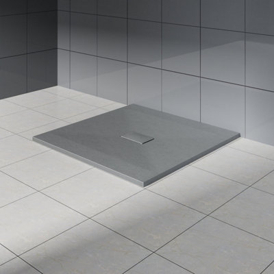 Rinse Bathrooms Anthracite 1000X1000mm Square Shower Tray With Waste Trap Slate Effect Slip-Resistant Cubicle Base