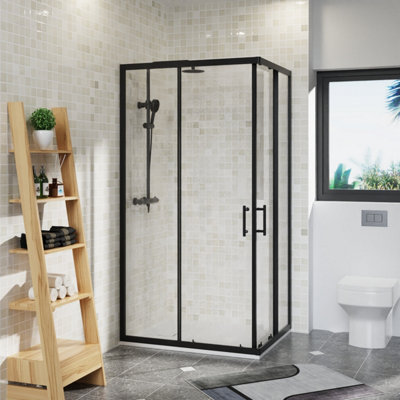 B&Q -  Rinse 1000X800mm Two Sliding Doors Shower Enclosure 6mm Easy Clean Glass Cubicle Black With White Shower Tray Free Waste
