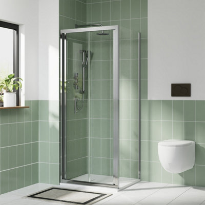 Rinse bathrooms Rinse Chrome 800X800mm Bifold Shower Enclosure Cubicles 6mm Self Clean Shower Door With Side Panel White Shower Tray & Free Waste from B&Q