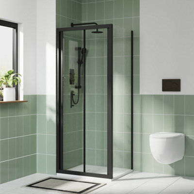 Rinse bathrooms Rinse Black 700X700mm Bifold Shower Enclosure Cubicles 6mm Self Clean Shower Door With Side Panel White Shower Tray & Free Waste from B&Q