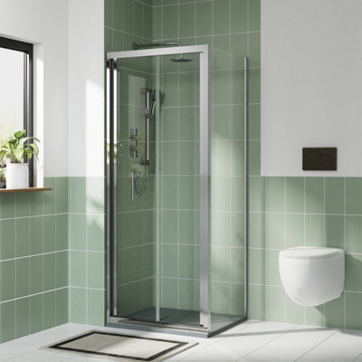 Rinse bathrooms Rinse Chrome 800X700mm Bifold Shower Enclosure Cubicles 6mm Self Clean Shower Door With Side Panel Anthracite Shower Tray Waste from B&Q