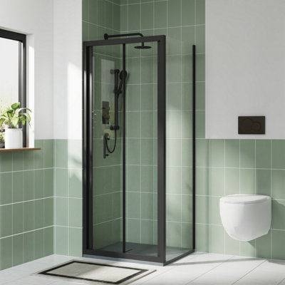Rinse bathrooms Rinse Black 800X700mm Bifold Shower Enclosure Cubicles 6mm Self Clean Shower Door With Side Panel Anthracite Shower Tray Waste from B&Q