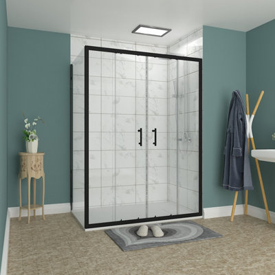 B&Q -  Rinse Black 1400X900mm Sliding Shower Enclosure 6mm Easy Clean Glass Double Doors With Side Panel White Shower Tray & Free Waste