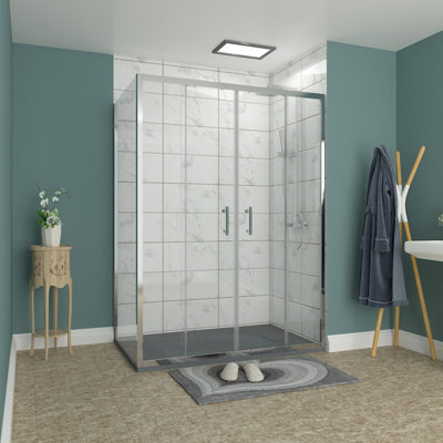 B&Q -  Rinse Chrome 1400X900mm Sliding Shower Enclosure 6mm Easy Clean Glass Double Doors With Side Panel Anthracite Shower Tray Waste