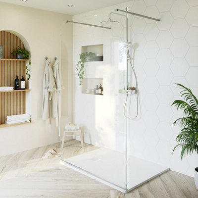 GoodHome Ledava Gloss Chrome Effect Textured Walk-In Wet Room Glass Screen & 2 Fixation Bars (H)195Cm (W)120Cm from B&Q