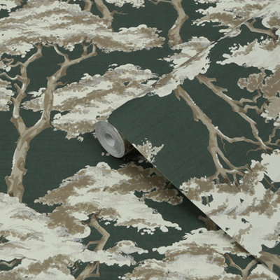 B&Q -  Arbelos Green Trees Natural Embossed Wallpaper