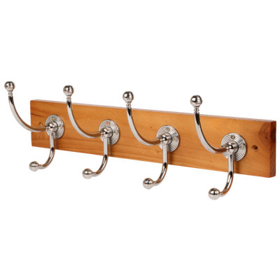 GoodHome Beehive Polished Gloss Natural Oak Chrome Effect Pine 4 Hook Rail (L)458mm (H)153mm from B&Q