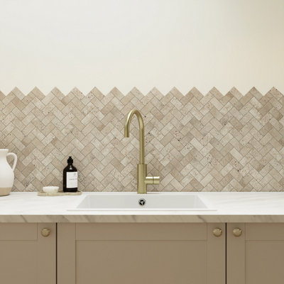 Travertino Beige Matt Herringbone Natural Stone Mosaic Tile Sheet(L)310mm (W)305mm from B&Q