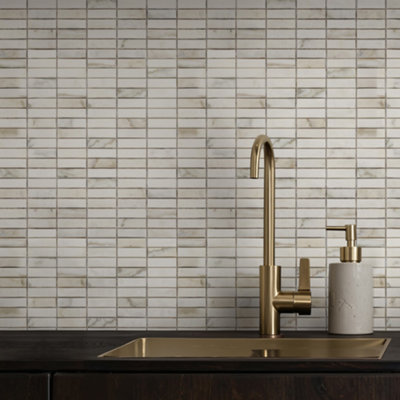 GoodHome Manat White & Gold Matt Muretto Marble Mosaic Tile(L)300mm (W)304mm from B&Q