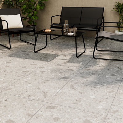 GoodHome Gourdo Light Grey Matt Terrazzo Stone Effect Textured Porcelain Outdoor Floor TilePack Of 2(L)600mm (W)600mm from B&Q