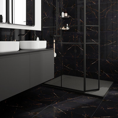 GoodHome Marciana Black & Gold High Gloss Marble Effect Porcelain Indoor Wall & Floor TilePack Of 5(L)600mm (W)300mm from B&Q