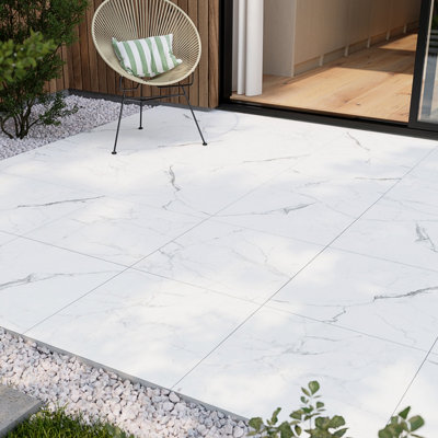 GoodHome Kamar White Matt Marble Effect Porcelain Outdoor Floor TilePack Of 2(L)600mm (W)600mm from B&Q
